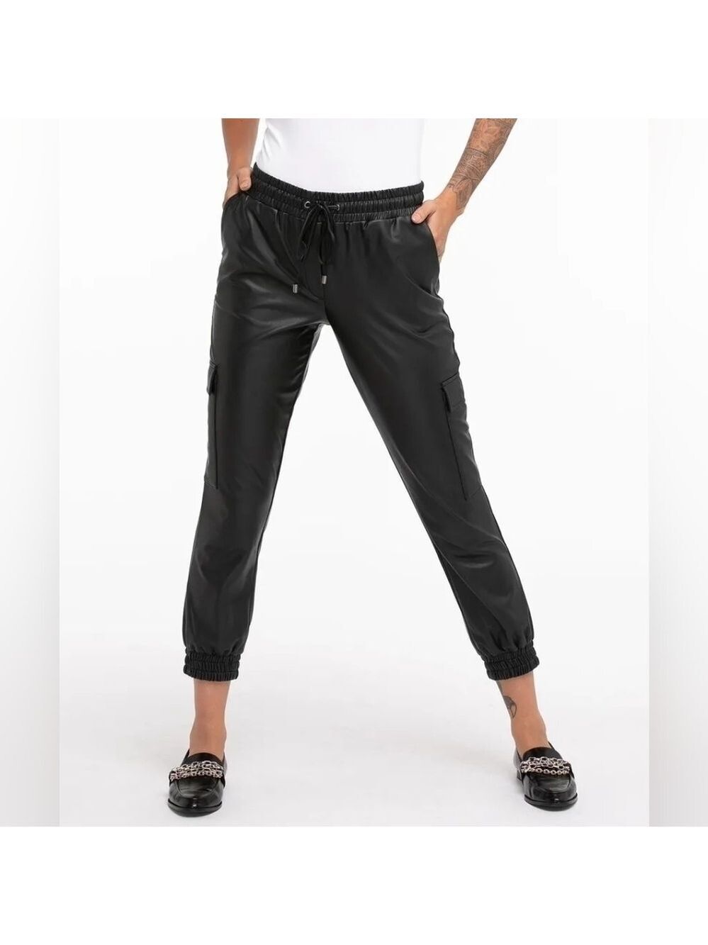20P - Cleo | Black Vegan Leather Cargo Joggers